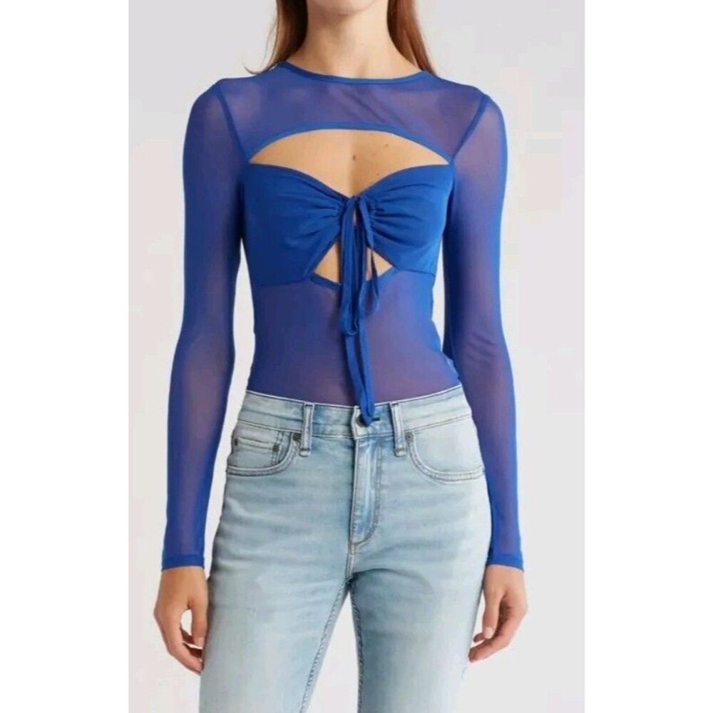M Topshop Cutout Detail Long Sleeve Mesh Top Blue See-through